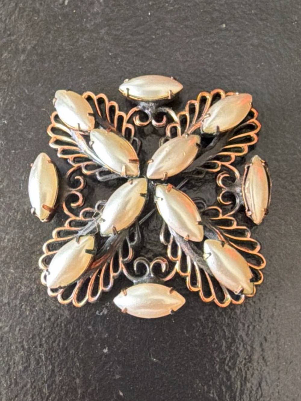 Vintage Copper Brush Brooch Pearlescent Stones Floral Antique Victorian Distress